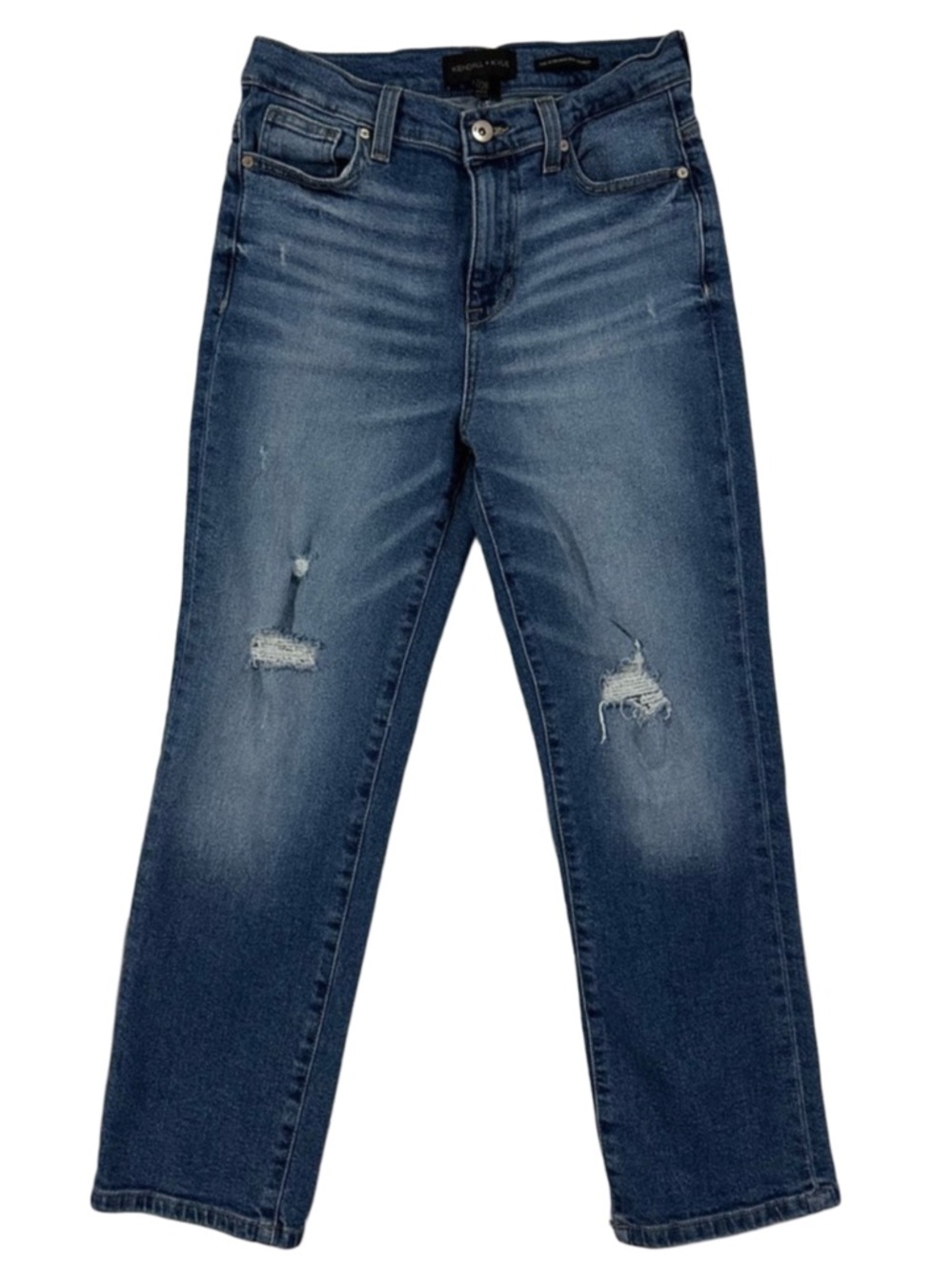 Kendall+Kylie Flattering High Rise Straight Crop Jeans Distressed Med Wash 7/28